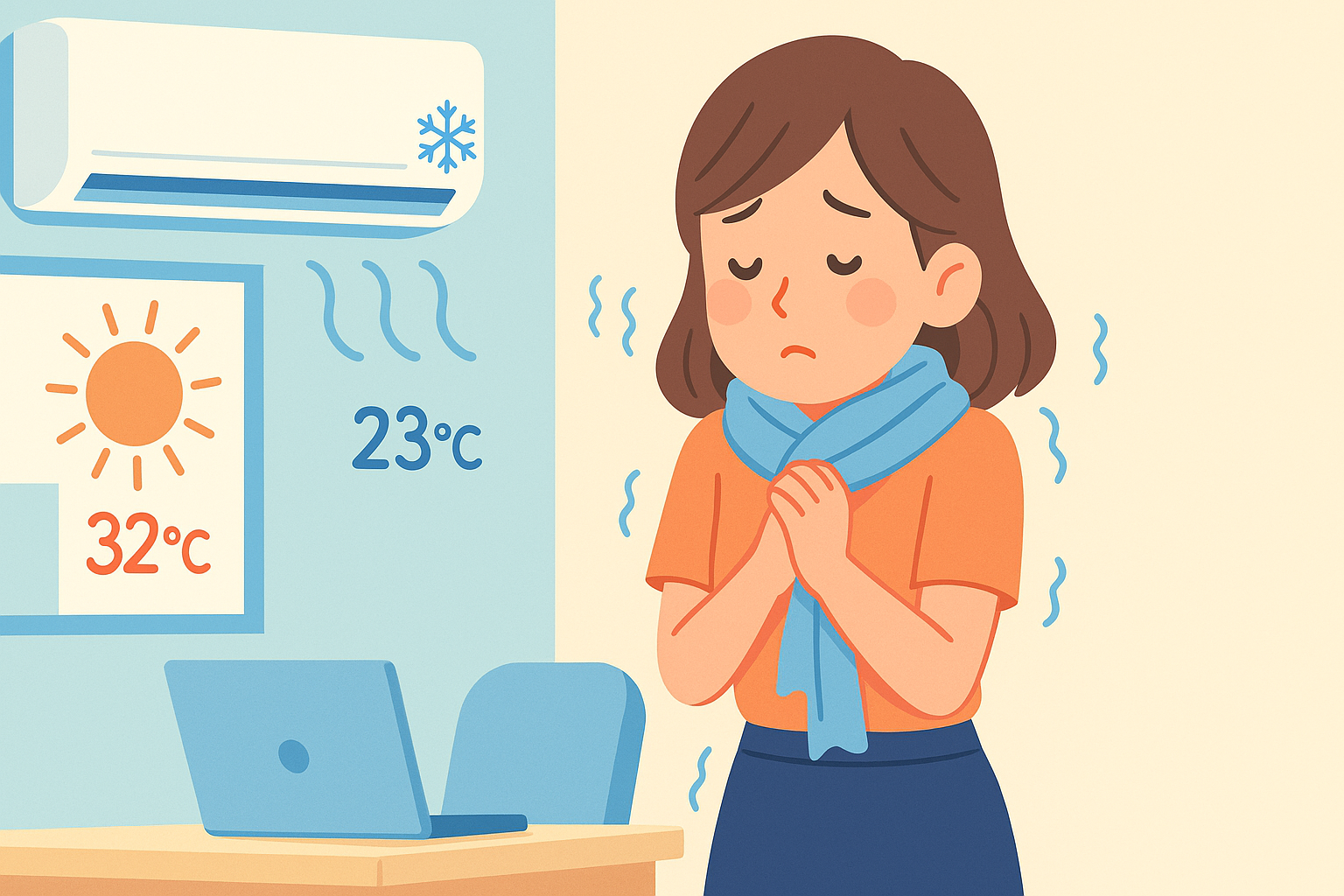 クーラー冷えで震える女性と温度差を示すイラスト｜仙台市太白区とりうみ整体院ブログ